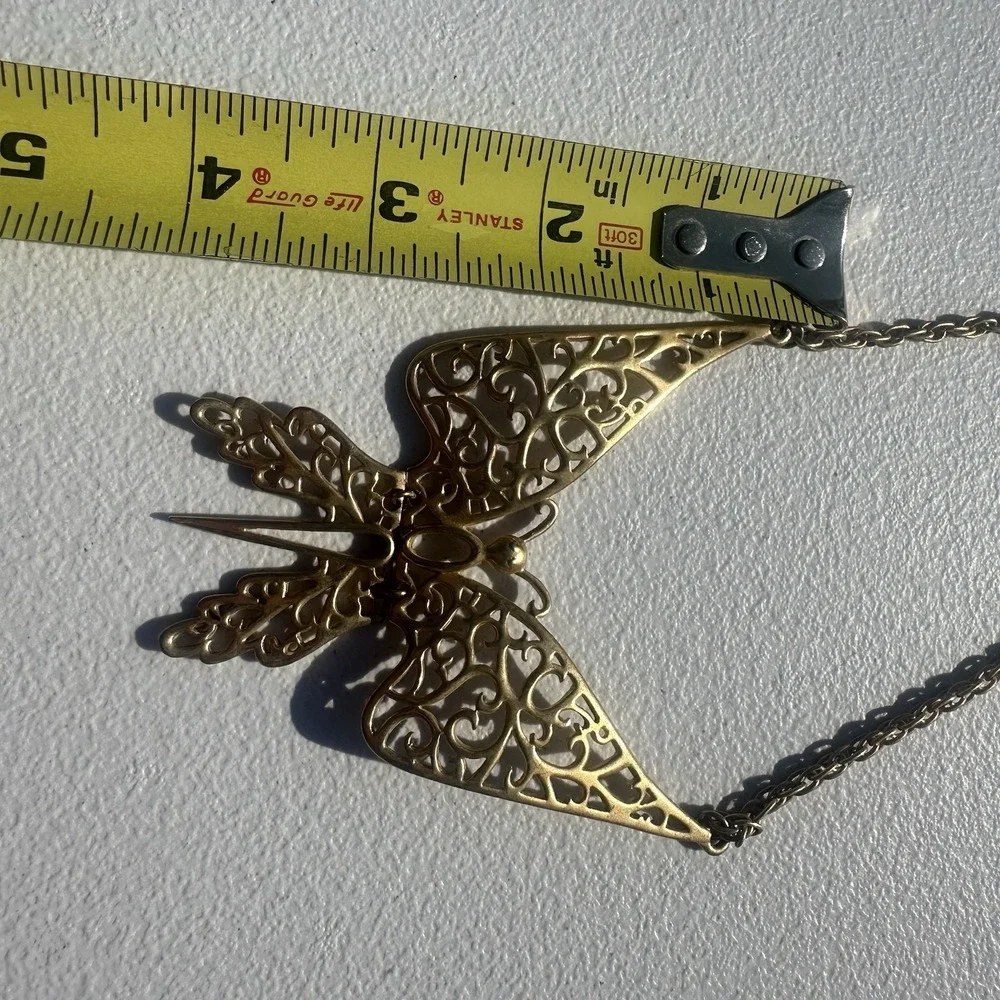 Vintage Large Articulated Gold‎ tone Butterfly Pendant Necklace Hippie Boho